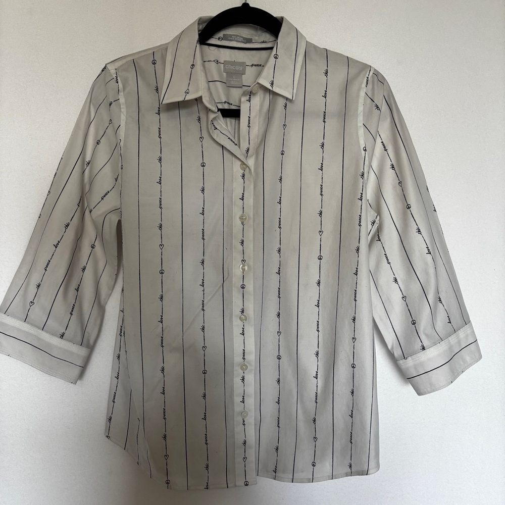 Chico’s Sz 0 White & Blue Print No-Iron 3/4 Sleeve Casual Chic Button Front